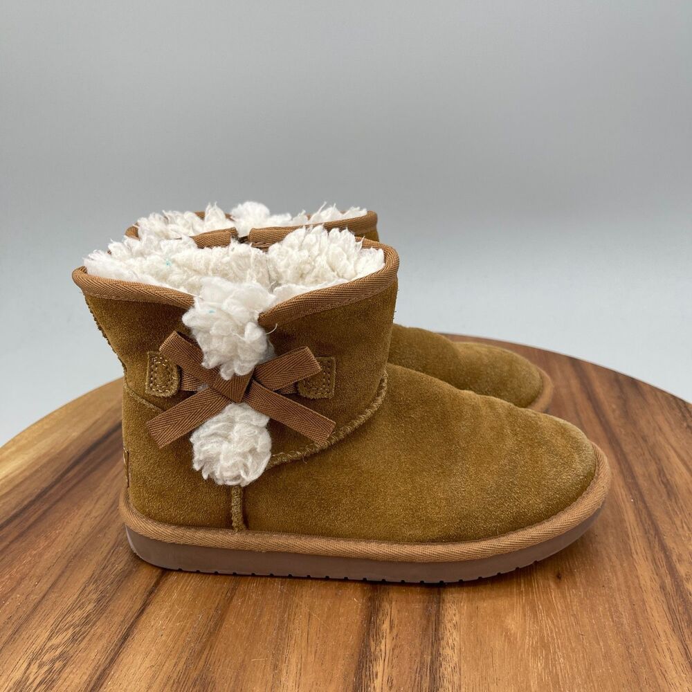 Koolaburra by UGG Victoria Mini Boots Girls Size 1 Ankle Tan Bows Brown Suede